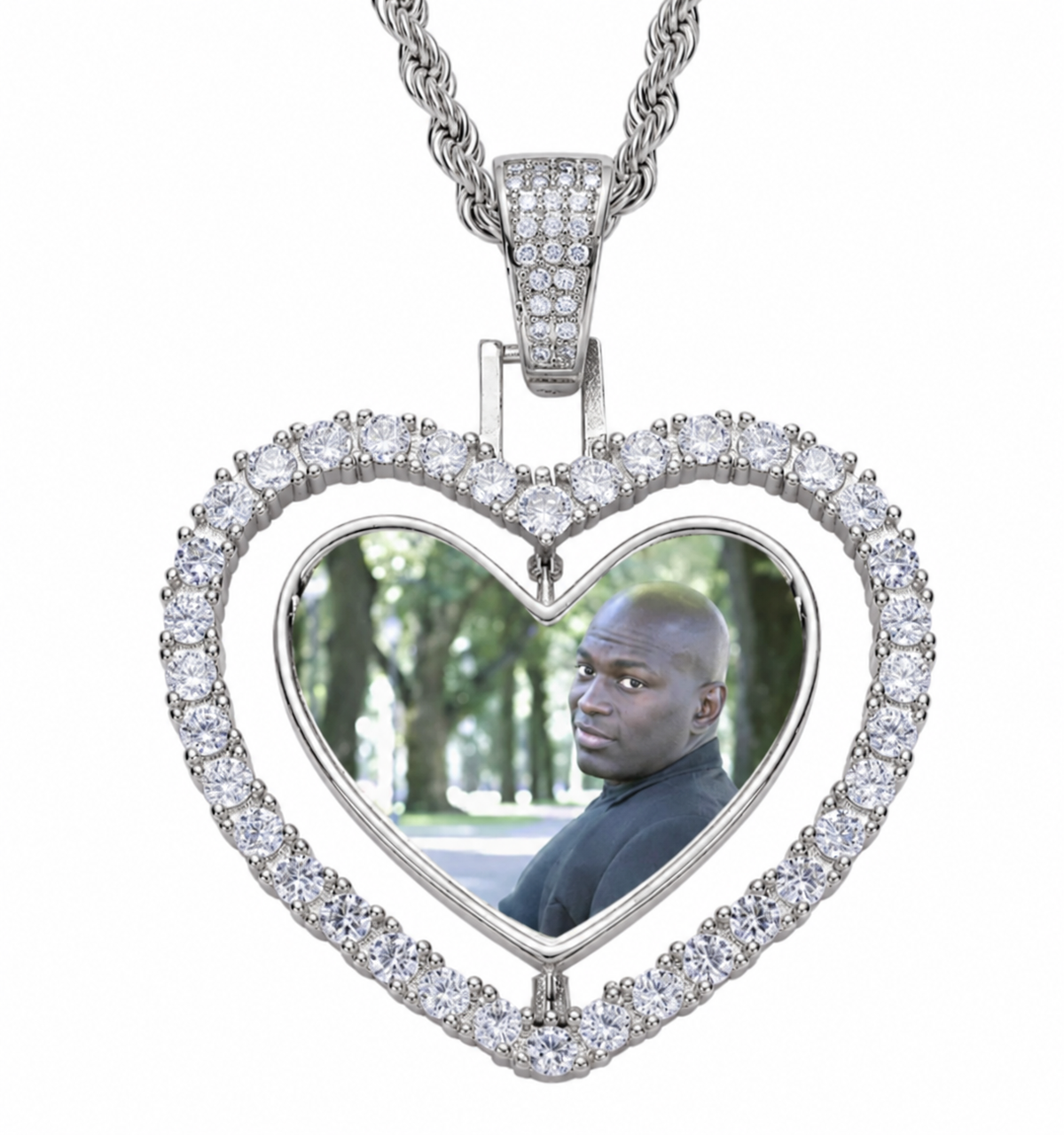 Silver heart-shaped rotating bezel necklace
